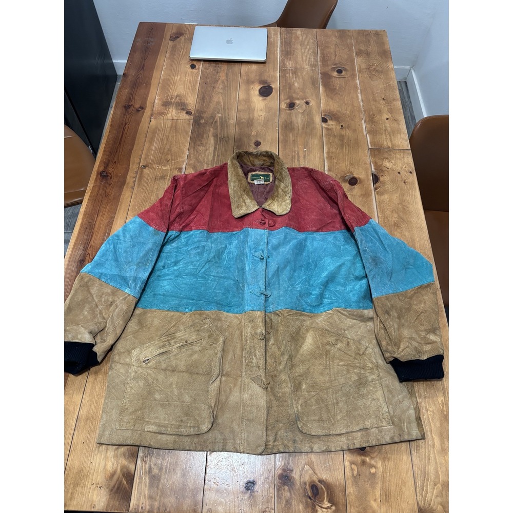 Vintage Hunters Run Men's Suede Colorblock Jacket Coat Red Teal Tan Size M 90s